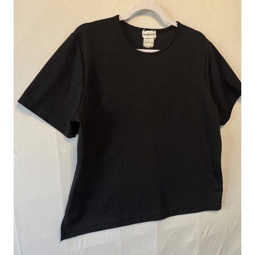 Vtg Bonworth Women's Black Short Sleeved Round Neck Size PL Polyester Top